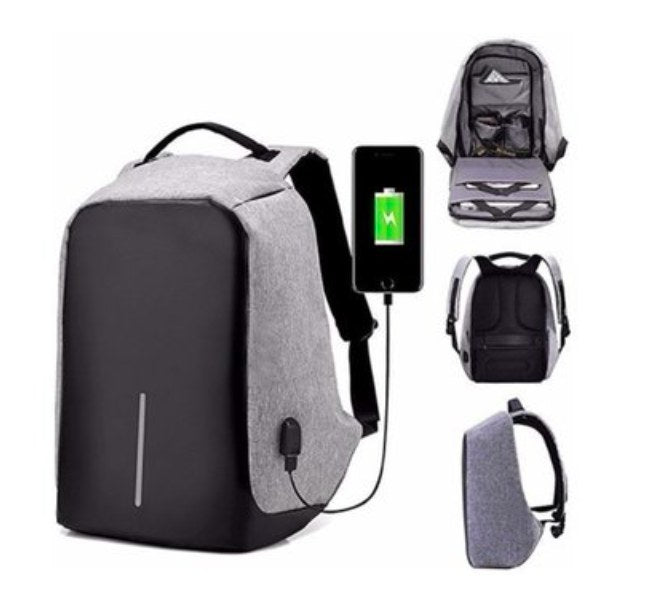 Morral antirrobo con puerto USB, vistas de compartimentos y espalda acolchada